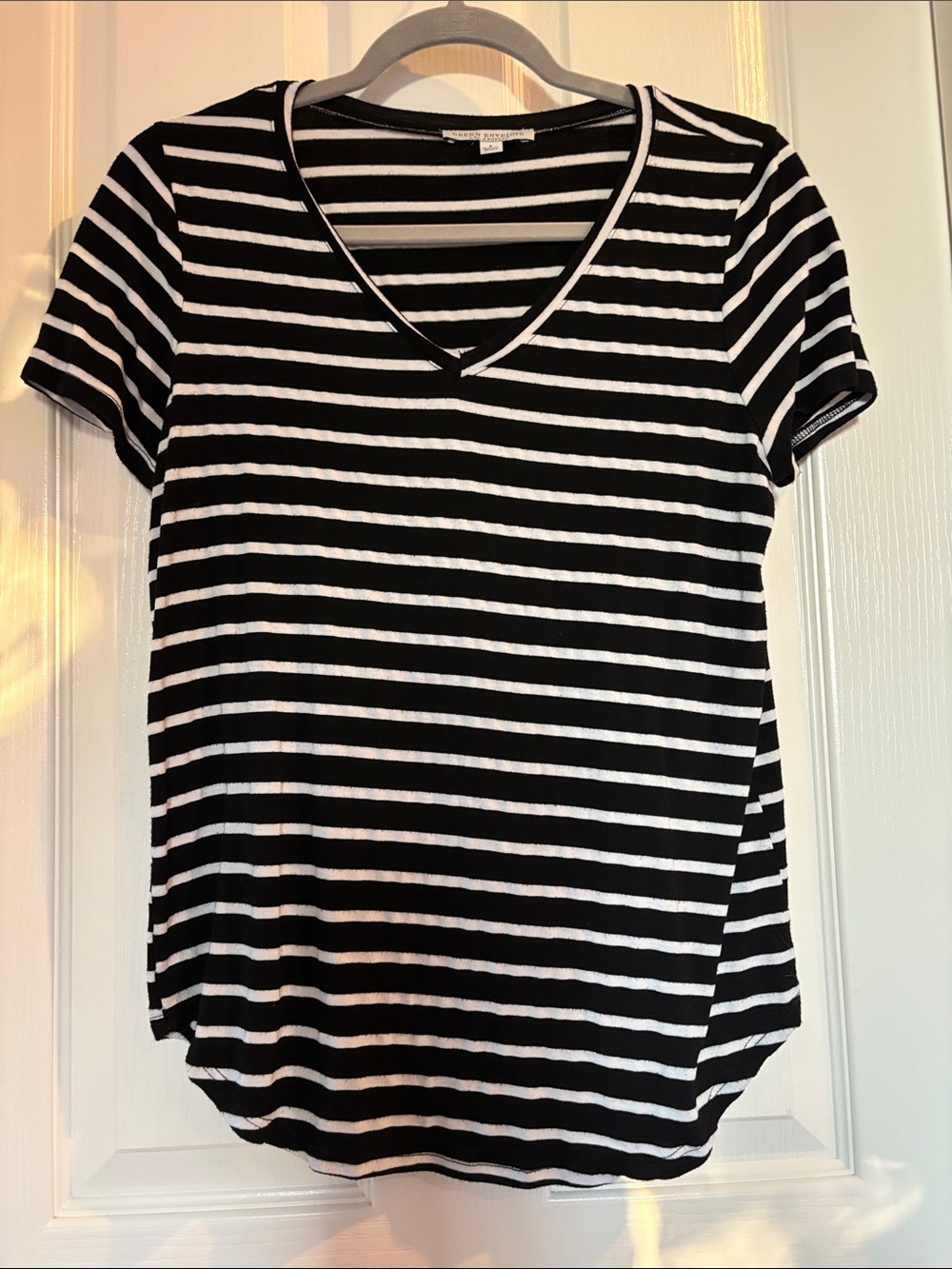 Green Envelope Black & White Striped V-Neck Short Sleeve Tee